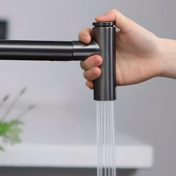Contemporary Black Brass Waterfall Kitchen Faucet with Pull-Out Sprayer - 图片 3